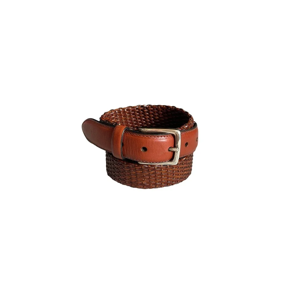 Cognac Brown Woven Braided Faux Leather Belt Silver Buckle size 36